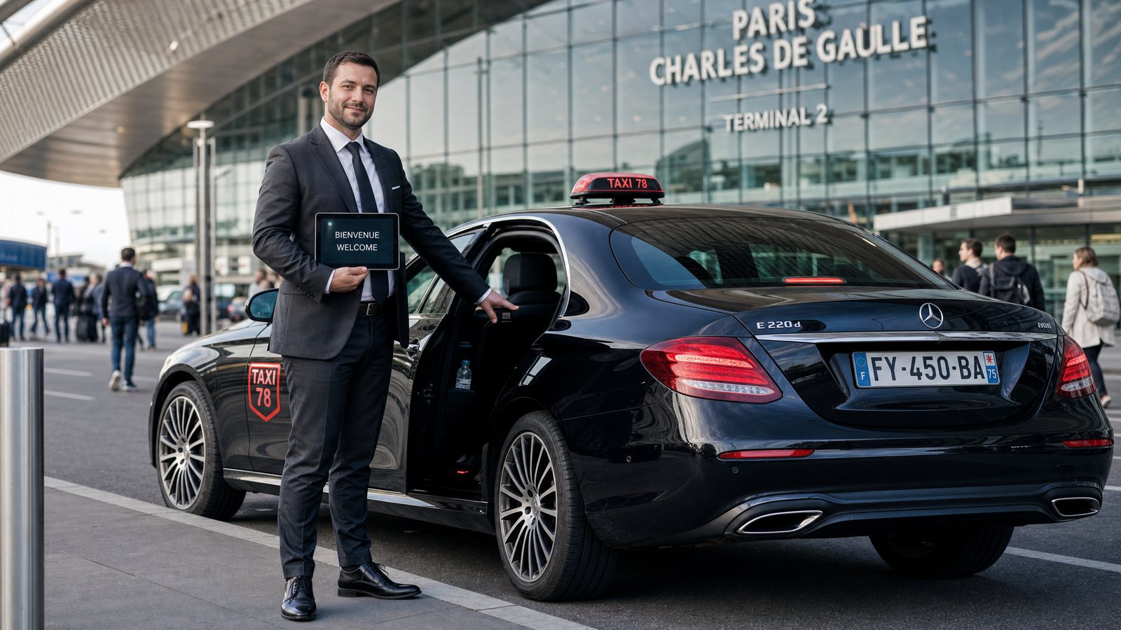 Chauffeur Taxi 78 accueillant un client à l'aéroport Paris-Charles de Gaulle